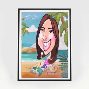 Home custom woman at beach caricature, made to order, 1 person